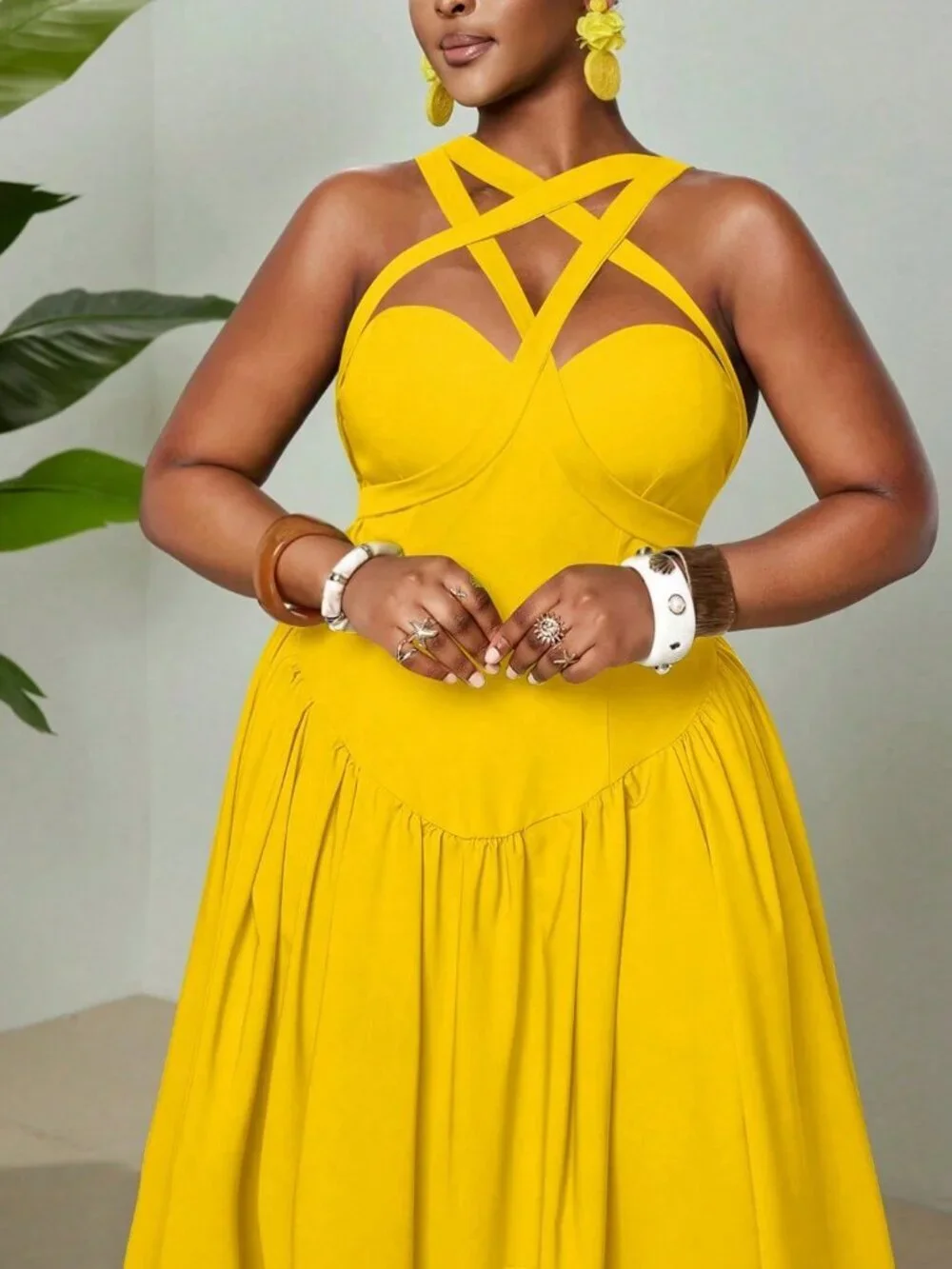 Yellow Womens Plus Size Elegant Sexy Spaghetti Strap Sleeveless Flowy maxi Dress